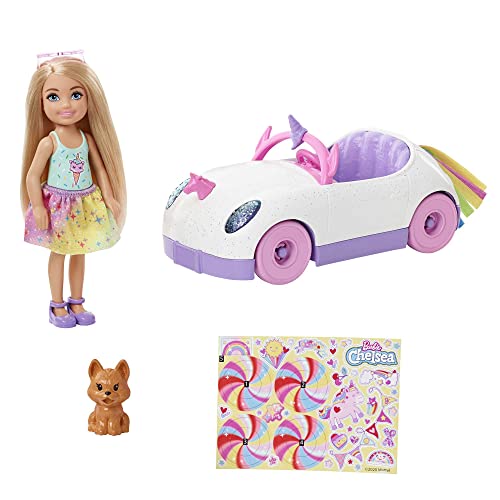 Barbie Chelsea con coche Muñeca con vehículo de juguete, mascota, pegatinas y accesorios de juguete (Mattel GXT41)
