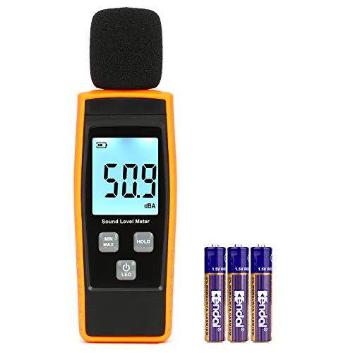 Medidor de decibelios XRCLIF portátil, medidor de ruido digital, rango de 30-130 dB (A) db, medidor de nivel de ruido, comprobador de decibelios, color amarillo (batería incluida)