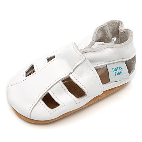 Dotty Fish Zapatos de Cuero Suave para bebés. Sandalias Blanco para niños y niñas. 12-18 Meses (21 EU)