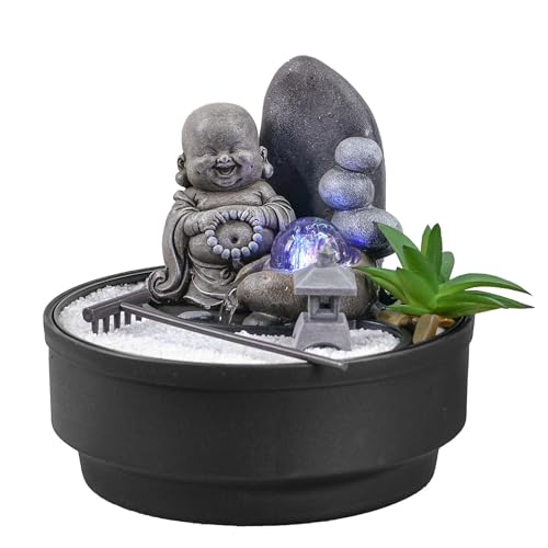 Sikhi Zen'Light - Fuente de Mesa para jardín, diseño de jardín Zen, Estatua de Buda extraíble, luz LED Colorida, decoración de Ambiente Relajante, jardín Zen Arena Blanca, Fuente de Mesa de Circuito