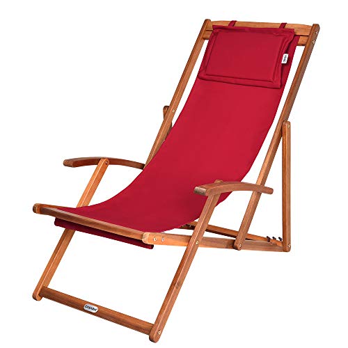 CASARIA® Tumbona Plegable Madera de Acacia Carga 160KG Silla Jardín Playa Transpirable Ajustable Rojo
