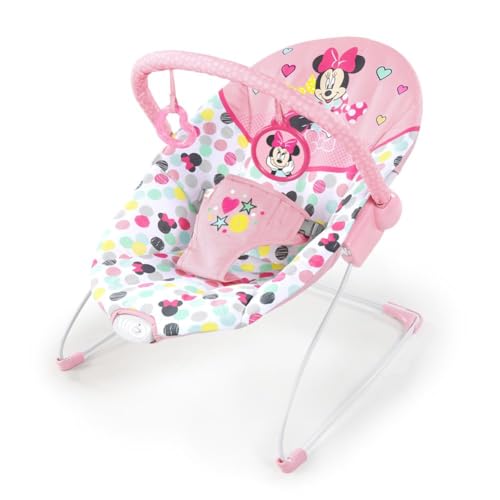 Bright Starts, Disney Baby, Hamaca mecedora Minnie Mouse Spotty Dotty para Bebé, Silla con vibraciones relajantes y arco de juego extraíble, funda del asiento lavable, color Rosa, 0+ meses