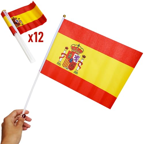 Bandera de España con Escudo Pequeña de Tela 30x20 Centímetros Pack 12 Unidades - Banderas de España con Palo - Bandera Española