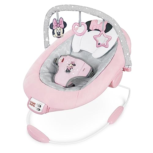Bright Starts Disney Baby MINNIE MOUSE - Asiento Infantil Vibrador Cómodo - Música, Barra de Juguetes Removible, 0-6 Meses Hasta 9 kg (Rosy Skies)