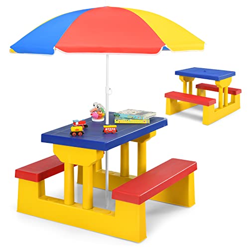 RELAX4LIFE Juego de mesa y sillas para niños, juego de muebles de exterior con paraguas parasol de exterior, mesa y bancos de jardín, terraza, balcón, mueble de picnic y barbacoa (modelo 2)