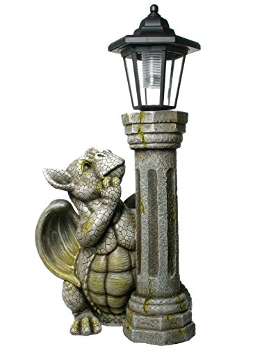 Kremers Schatzkiste Niño Dragón con Linterna Solar 44,5 cm Figura de Dragón Gárgola de Jardín