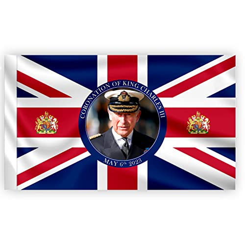 SHATCHI PJ1009 - Bandera de Reino Unido de 3 x 2 pies, diseño del nuevo rey Carlos III, potrait de monarca británico, coronación, celebración, bandera de Gran Bretaña, jardín, calle, pub, decoración