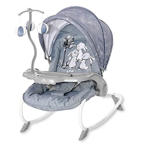 Lorelli - Hamaca para bebés con capota ajustable DREAM TIME - con respaldo ajustable, mesa, móvil de juguetes, modo balanceo o fijo. Color: Blue Rabbit