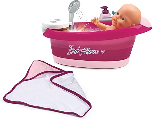 Smoby Baby Nurse- Bañera para Muñecos, Con Ducha Electrónica, Función de Burbujas con Luz y Accesorios, Para muñecos bebé de hasta 42 cm (no incluido). Pilas no incluidas. A partir de 3 años