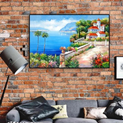 Torre de jardín del mar Mediterráneo, pintura de paisaje de planta verde sobre lienzo, pósteres e impresiones de arte de pared para sala de estar, 35 x 50 cm, sin marco