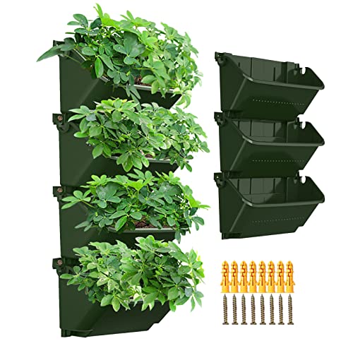 MENAYODA Macetero vertical de pared de jardín, 4 bolsas colgantes, soporte para macetas de flores autorriego, verde oscuro para interiores y exteriores, balcón, terraza