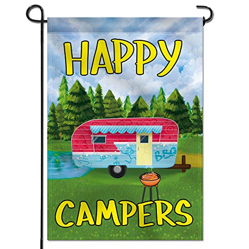 Anley Bandera de jardín Happy Campers – Banderas Decorativas de Verano para jardín – Doble Cara y Resistente a la Intemperie y Doble Costura – 18 x 12.5 Pulgadas