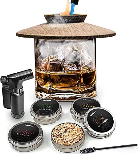 Mikamax Whisky Smoker Set - Fumador de Whisky - Ahumador de Bebidas - Ahumador de Cócteles - Astillas de Madera para Fumar - Infusor de Humo - 4 Aromas - Incluye Encendedor Jet