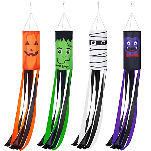 AnyDesign 4 calcetines de viento para Halloween, bandera de 39 pulgadas, bandera de dibujos animados, calcetines de viento, calabaza, vampiro, momia, monstruo, jardín, suministros de fiesta