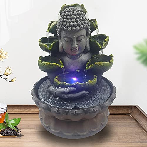 RibasuBB Fuente de jardín, fuente de Buda, fuente de interior, relajación, mesa decorativa con 4 luces LED de colores, RGB LED cambio de color