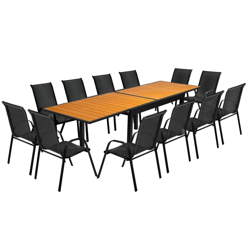 IDMarket - Salón de jardín Poly Extensible Mesa 135-270 CM y 12 sillas Madera y Negro