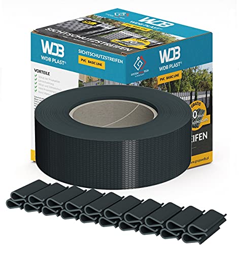 WDB Basic Line - Tiras de protección Visual de PVC, protección Visual para Valla de jardín, Valla de Doble Varilla, 47,5 mm x 35 m + 20 Clips de fijación, rieles de sujeción Antracita