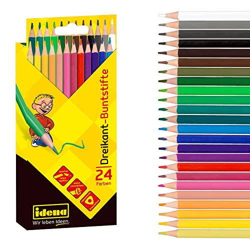 Idena 20114 - Lápices de colores en forma triangular ergonómica, 24 lápices de colores sin madera en estuche de cartón para pintar, dibujar, escribir y colorear, lápices triangulares para jardín
