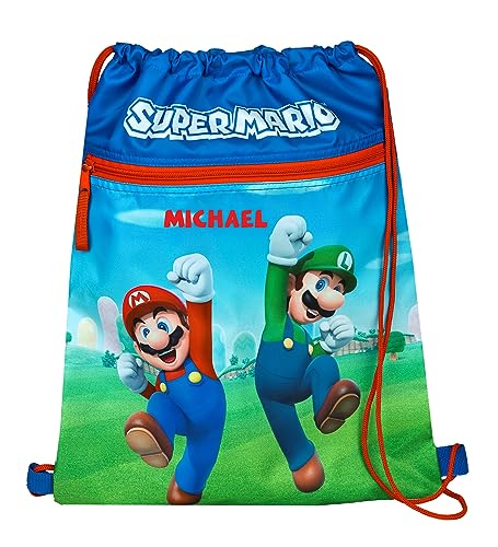Undercover Bolsa de deporte Super Mario con nombre personalizado, diseño de Super Mario & Luigi para niños y niños | Bolsa para zapatos bolsa de deporte con cordón, multicolor
