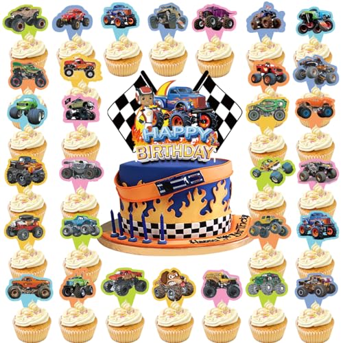 BSNRDX Decoraciones de Cumpleaños de Monster Truck 31Piezas Monster Truck Cupcake Toppers para Baby Shower Boda Cumpleaños Fiesta Decoraciones, Decoración de Pasteles Auto