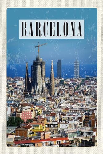 Cartel de chapa 18 x 12 cm Barcelona España vista de la ciudad