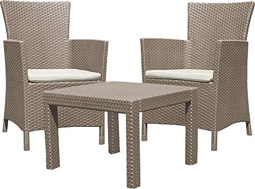 Allibert 219990 Rosario - Conjunto de Mesa y 2 sillas de Exterior, plástico con Aspecto de ratán, Color marrón Capuchino