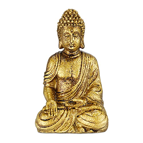 Relaxdays Estatua Buda de Jardín, Resistente a la Intemperie y a Las Heladas, Figura Buda Sentado, 17 x 10 x 7cm, Dorado