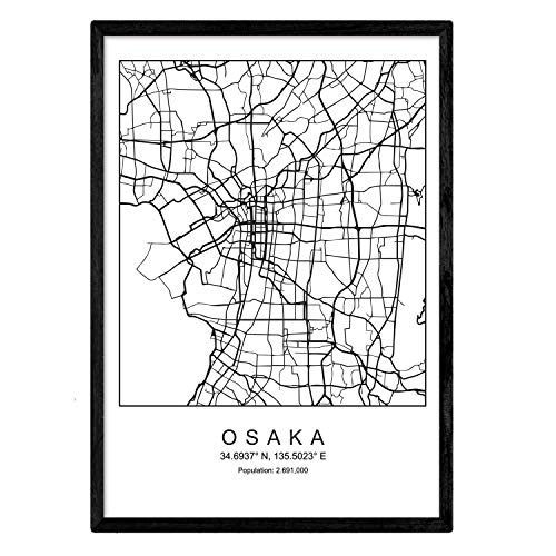 Nacnic Lámina Mapa de la Ciudad Osaka (3) Estilo nordico en Blanco y Negro. Poster tamaño A4 Sin Marco Impreso Papel 250 gr. Cuadros, láminas y Posters para Salon y Dormitorio