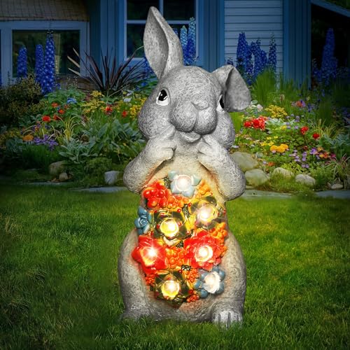 Linkax Figuras solares de jardín de conejos, decoración de jardín para exteriores, regalos para niñas, mamá, abuela, mujer, LED conejo, estatuas de jardín, figuras exteriores, decoración para terraza,
