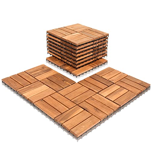 Cecaylie Lote de 11 baldosas de madera de acacia, 12 láminas de madera, 30 x 30 cm, 1 m², para balcón, jardín y terraza, se colocan de forma sencilla, rápida y práctica