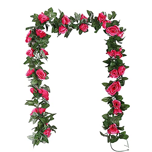 TSHAOUN 2 Piezas Guirnalda de Rosas Artificiales Flores, Falsas Rosa Vid Colgante Planta con Hojas para la Decoración del Banquete de Boda del Jardín del Hotel del Balcón 2 x 230 CM (Rosa Roja)