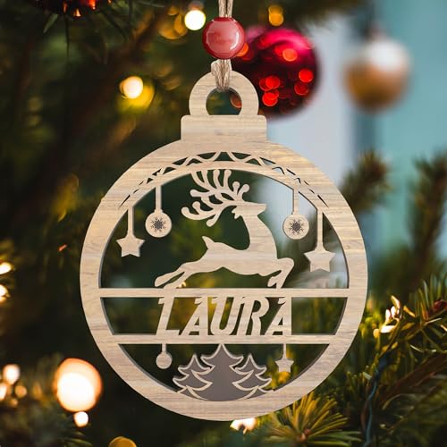 Transparent Gift Adorno Árbol de Navidad Personalizado Reno con Nombre. Decoración de Navidad para Casa. Bola de Navidad de Madera para Árbol. Regalos y Adornos Personalizados Navideños