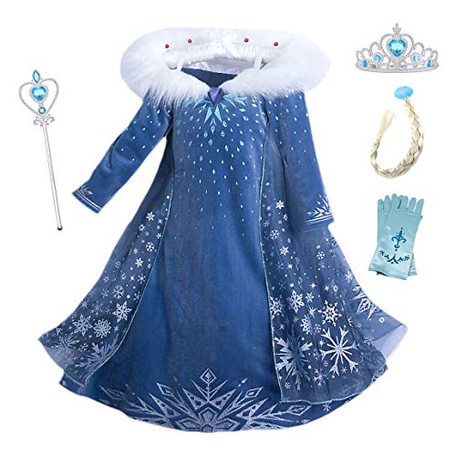 YOSICIL Vestido Largo Elsa con Capa Disfraz de Princesa de Invierno Niñas Manga Larga Vestido Frozen Nieve Traje de Fiesta Costume Princesa Anna para Regalo Cumpleaños Boda 3-10Años,Azul 100