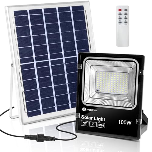 Aigostar - Foco proyector LED solar con mando a distancia，100W，6500K luz blanca.Resistente al agua IP66.Perfectos para interior y exterior jardín，patios，caminos o garajes，Longitud de cable 2M.