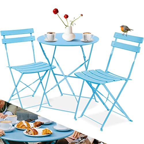 KESSER® Juego de muebles de jardín de 3 piezas con 2 sillas plegables, juego de muebles de balcón, muebles de jardín, muebles de jardín, muebles de jardín, muebles de jardín, mesa de metal, color azul