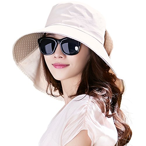 Comhats Sombreros de Sol para Mujer Pamelas UPF 50 Sombrero de Verano de ala Ancha Jardinería algodón Cubierta de Cuello Protección UV Playa Beige pequeño