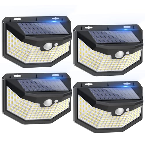 Focos LED Exterior Solares con Sensor de Movimiento IP67 Impermeable Luz Solar, Lampara con Múltiples Superficies Iluminadas Para Jardin, Garaje, 4 Paquete