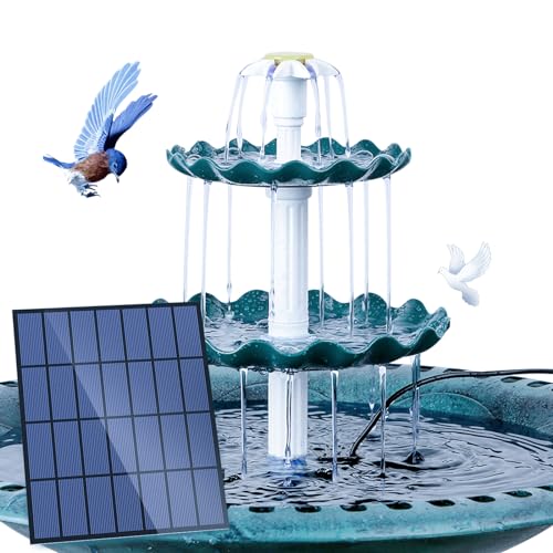 AMZtime Fuente Solar 3,5W para Fuente Jardin Exterior de Agua Decorativa con DIY 3 Niveles Comedero para Pájaros Desmontable, Baño de Aves, Decoración Jardín Exterior