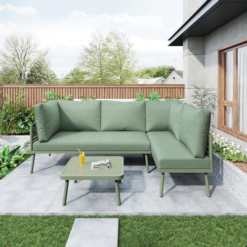 Idemon Juego de muebles de jardín de hierro en forma de L, juego de salón de jardín con cojín de asiento, patas ajustables, 2 sofás y 1 mesa (verde)