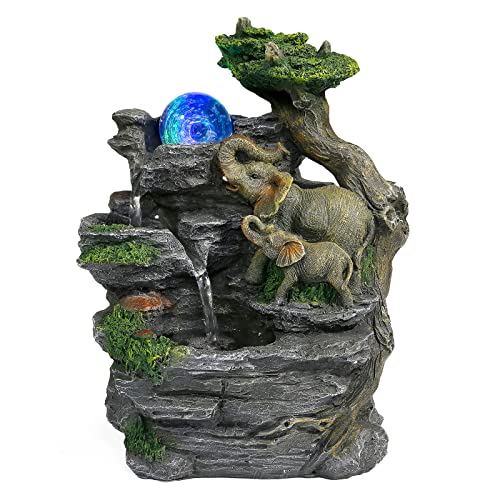 Dyna-Living Fuente de mesa con bola rodante, fuente de poliresina, iluminación LED, multicolor, elefante jardín de rocas, fuente de agua, fuente de agua, fuente de cascada