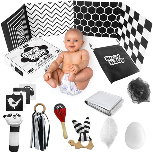 DS Brands Juguetes sensoriales en blanco y negro para bebés, manta de aluminio, caja de regalo para recién nacidos