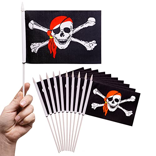PHENO FLAGS Bandera pirata pequeña - 10 piezas - 12,7 x 20,32 cm - asta de 30 cm - tejido de poliéster, minibandera con motivo pirata para cumpleaños infantiles y fiestas de disfraces