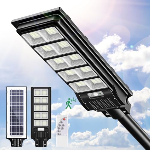Farola Solar LED de 500W con Mando a Distancia | Luz de Seguridad de Alumbrado Público con Energía Solar 6500K con Sensor de Movimiento | Luz Solar para Caminos Luz de Calle para Exteriores