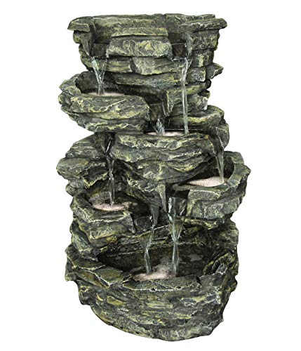 Dehner Fuente de jardín Rocky con iluminación LED, Aprox. 60 x 39,5 x 32,5 cm, polirresina, Color Gris