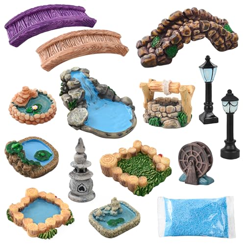 HUIANER 15 piezas accesorios de jardín de hadas en miniatura figuras de puente de jardín mini faro luz de pozo de agua en miniatura estanque césped adorno de jardín para manualidades