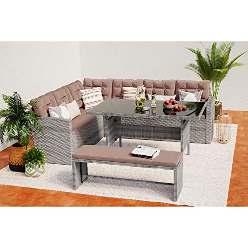 Concept Usine - Muebles de Jardín Esquineros de Diseño Moorea para 8 Personas de Resina Trenzada en Color Gris y Café - 1 Mesa, 2 Sofás, 1 Banco