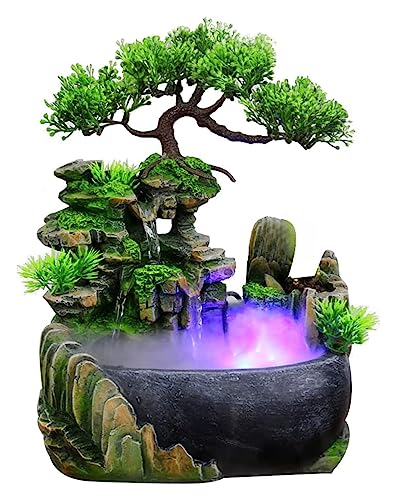 Cascada de Escritorio Artificial Bonsai Mini Fuente de Roca Bonsai de Cascada de Escritorio Artificial de 11 Pulgadas, con Luces LED y atomizador, for decoración de Escritorio de relajación Interior
