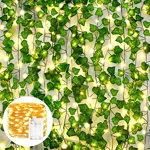 AIOR 12 Piezas Plantas Hiedra Artificial con luz LED, Decoración Exterior Colgante Guirnalda Vine Follaje Hojas Verdes Flores para Hogar Boda Escalera Ventana Balcón Valla Jardín Mesa