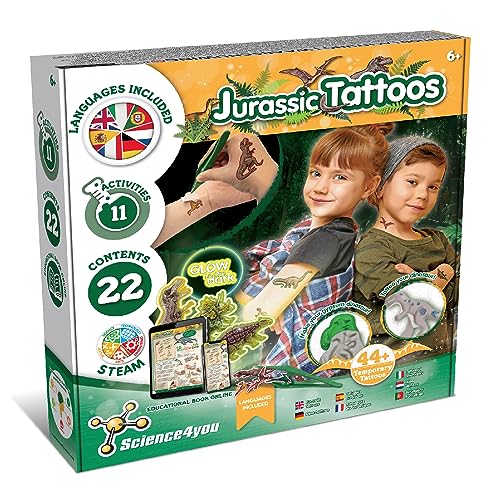 Science4you Tattoos Temporales Jurásicos para Niños - Tatuajes infantiles con Dinosaurios, Tatuajes Temporales para Niños, Juguetes de Dinosaurios, Juegos, Regalos para Niños y Niñas 6+ años
