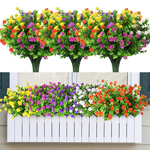 Linkstyle 10 Piezas Flores Falsas para Decoración, 5 Colores de Flores Artificiales Resistentes a los UV, Plantas de Arbustos Verdes de Ramo de Plástico para Casa Jardín Porche Ventana Fiesta Boda